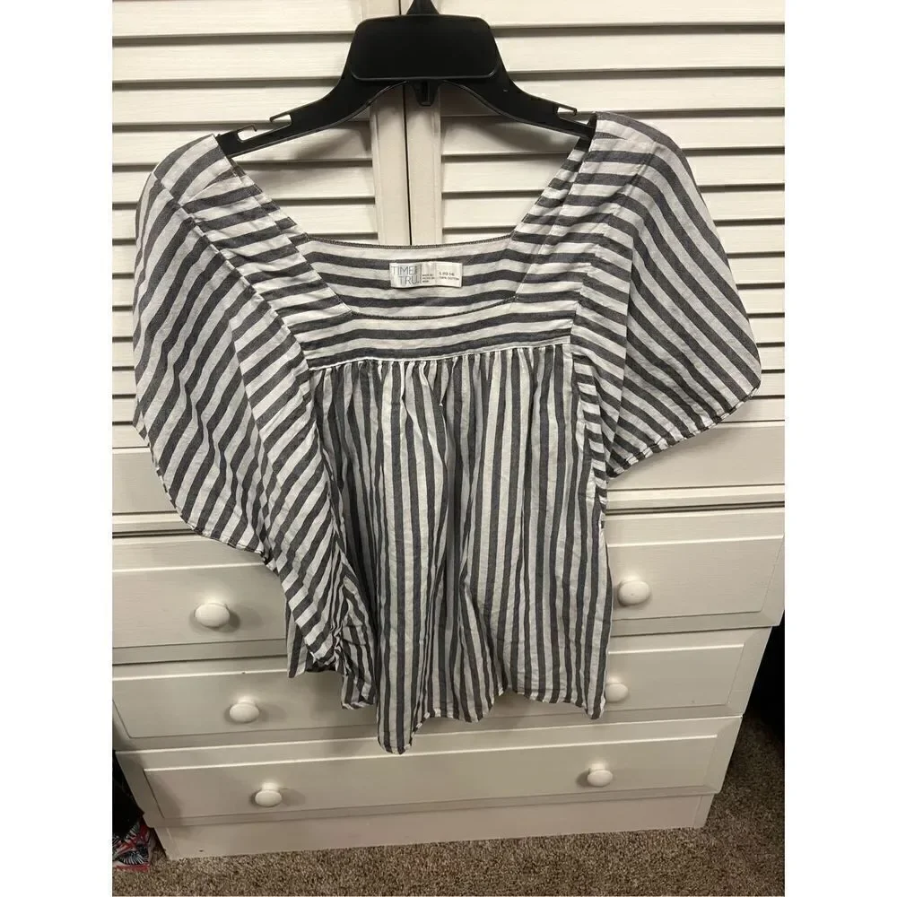 Time and Tru blue and white striped boatneck blouse size Large